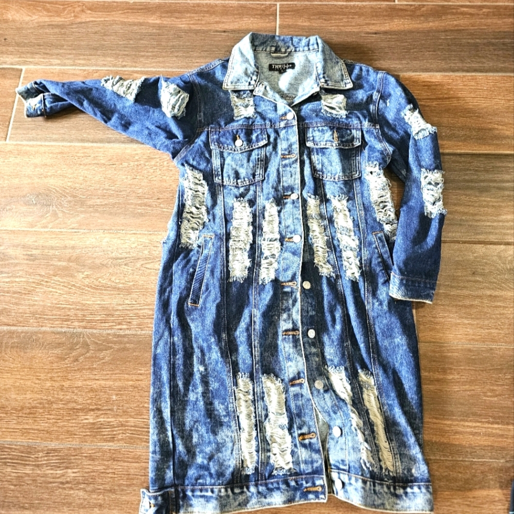 THRILL JEANS DENIM DISTRESSED 3/4 JACKET Coat SZ SMALL